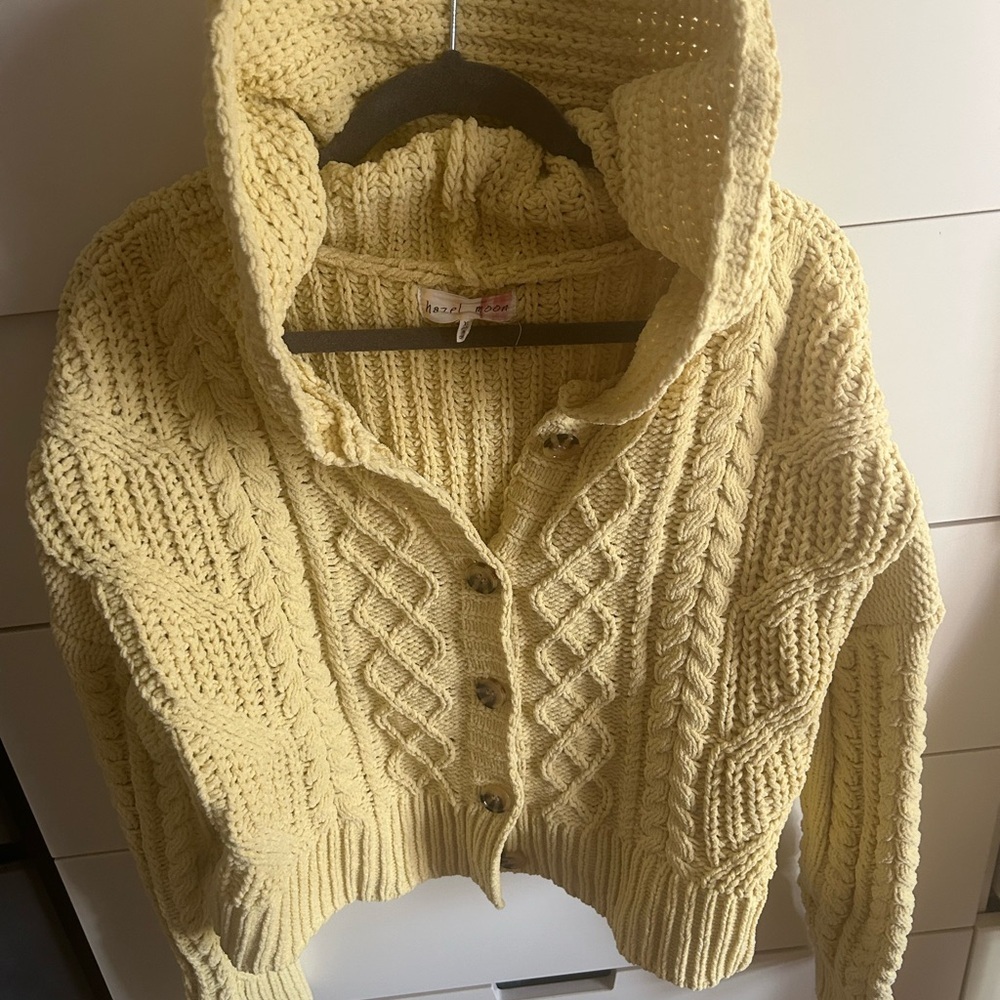 Hazel Moon Cozy Yellow Cable Big Button Hooded Knit Cardigan - Picture 8 of 12